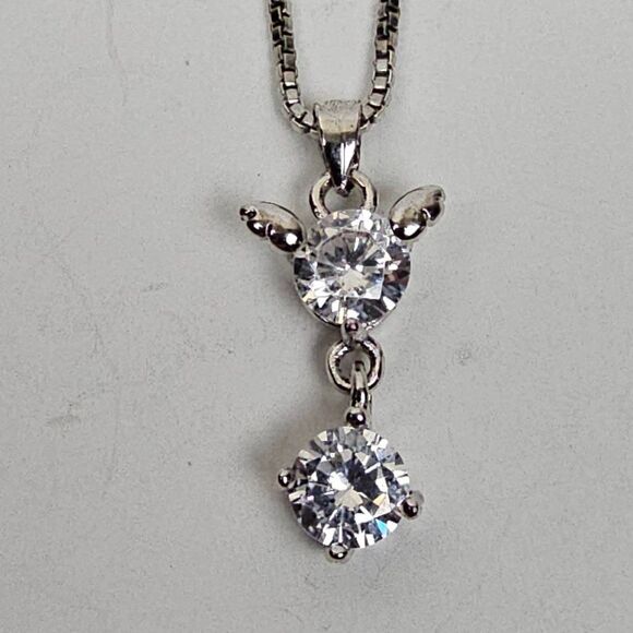 S 925 Sterling Silver Cubic Zirconia Drop Pendant Box Chain Necklace Cat Mouse - Picture 6 of 15